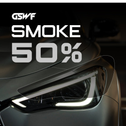 Grafika przedstawia logo folii ppf z linii gswf smoke 50%. Podgłąd na charakterystykę koloru i przyciemnienie.